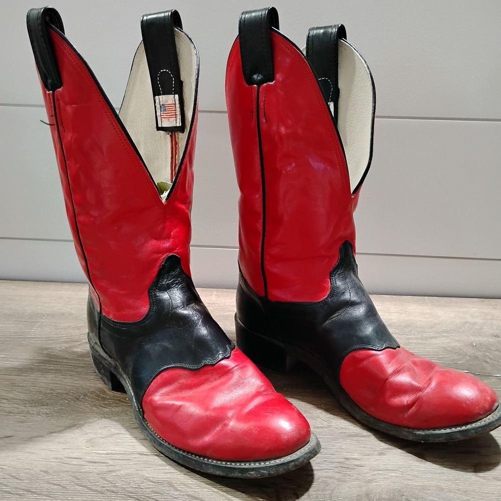 Olathe Boots Mens 8.5 D Red Black Leather Buckaroo Tall Cowboy Western USA Vtg
